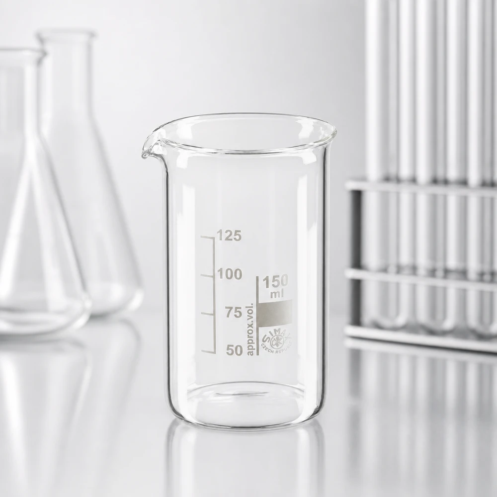 Becherglas 150ml Borosilikatglas, hohe Form Hohes Becherglas 150ml Borosilikatglas mit Skalierung neben Erlenmeyerkolben und Reagenzgläsern