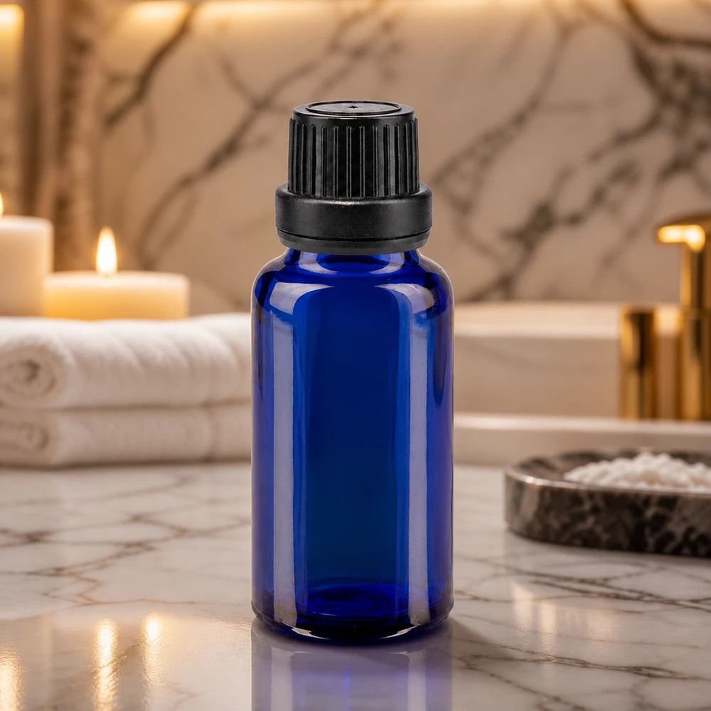 Apothekenflasche blau 20ml Schraubverschluss schwarz Dichteinlage Originalitätsverschluss Blaue 20ml Glasflasche mit kindersicherem Schwarzverschluss 11mm für Kosmetik und Pharmazie