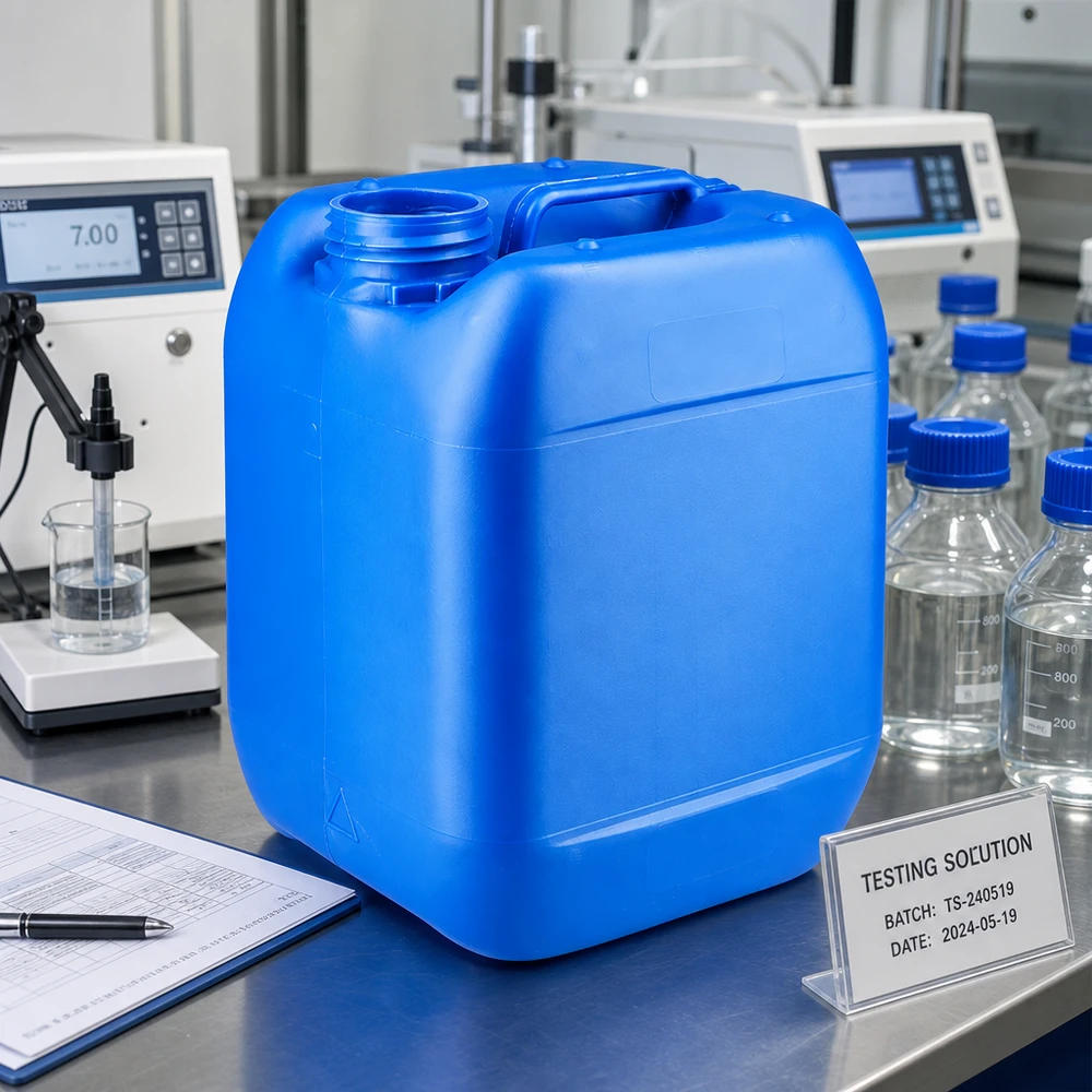 Leerer Kanister 5 Liter blau ohne Deckel neben Laborflaschen mit blauem Schraubverschluss