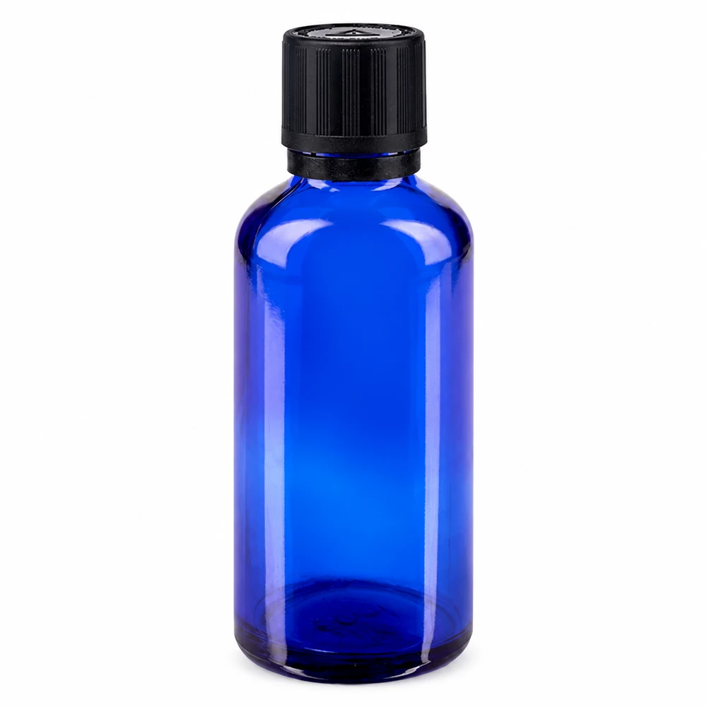 Kobaltblaue 50ml Glasflasche mit OV KiSi Blindstopfen schwarz für Tropfanwendungen