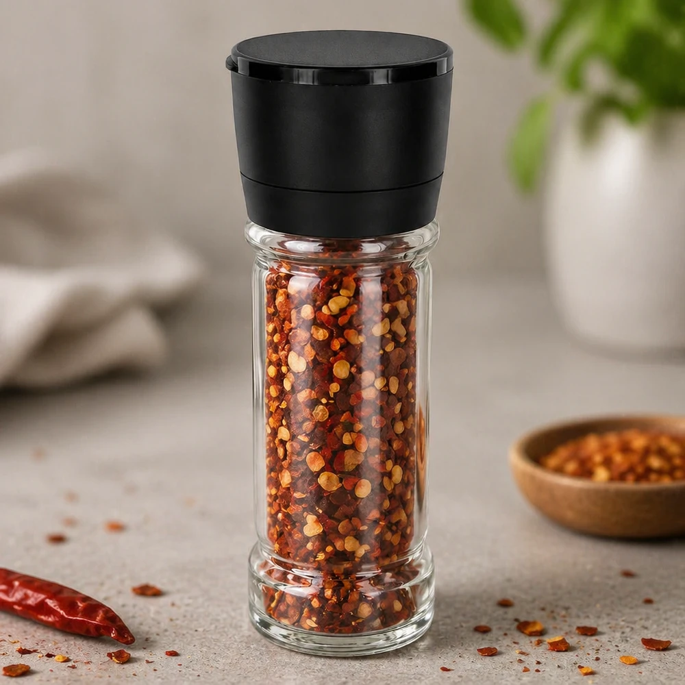 Salz-/Gewürzglas 100ml mit Mühle Vario schwarz Kleines Glasgewürzglas mit Mahlwerk Vario in Schwarz für Chili und Gewürze