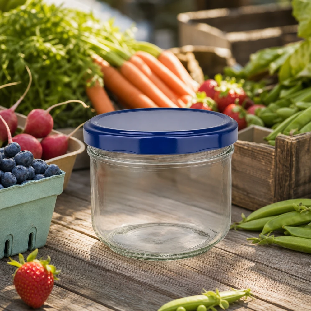 260ml Sturzglas BasicSeal blau inmitten frischer Marktprodukte - perfekt für Einkochen von Obst und Gemüse