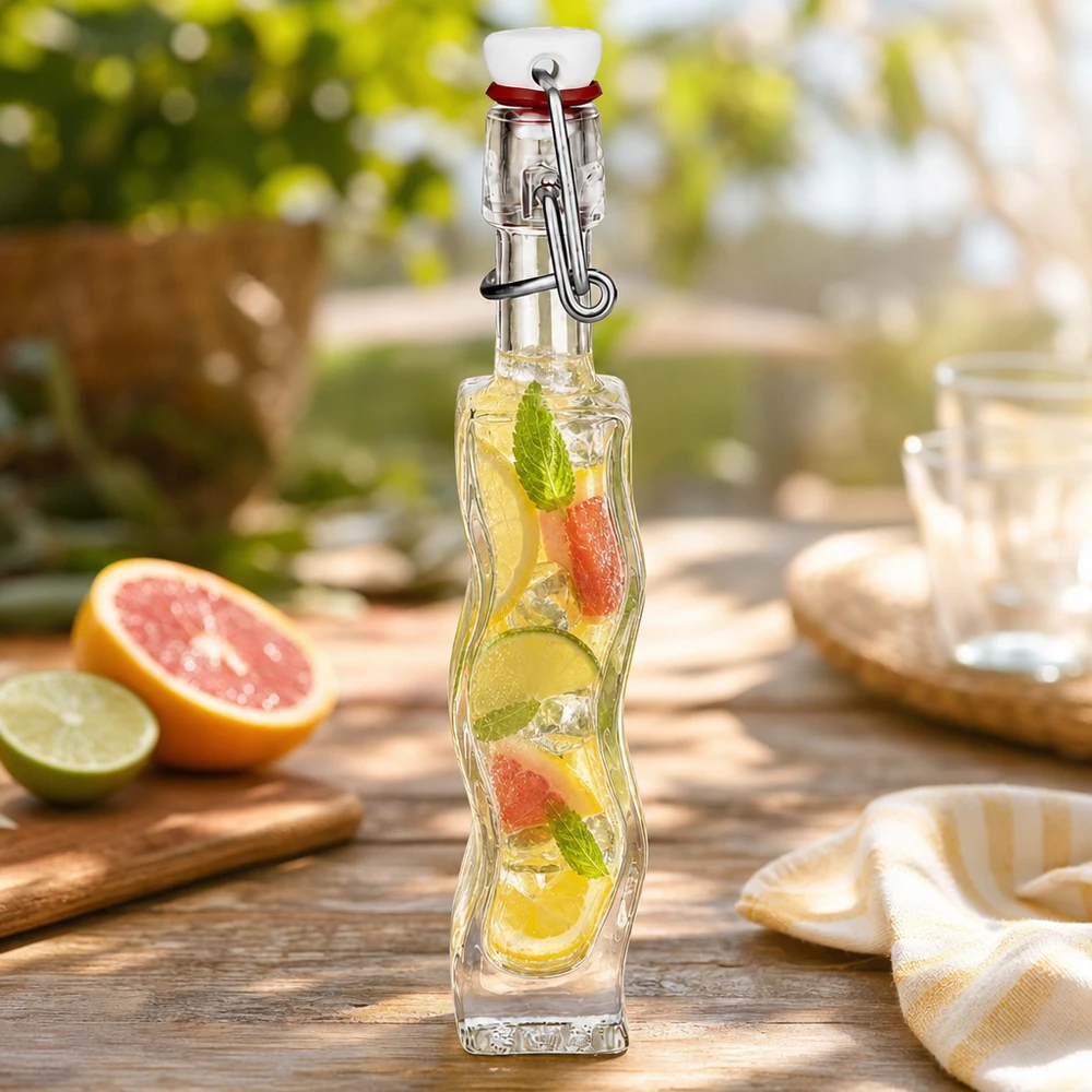 40ml Glasflasche Anna mit Zitrussäften gefüllt auf Holztisch mit Grapefruit Limette und Minze im Freien