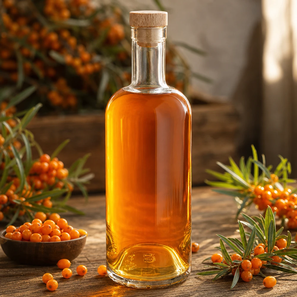 750ml Glasflasche "Attila" mit Holzgriffkorken UNiTWIST® 750ml Glasflasche Emma mit Holzkorken gefüllt mit orangenem Sanddornöl umgeben von Sanddornbeeren und Zweigen