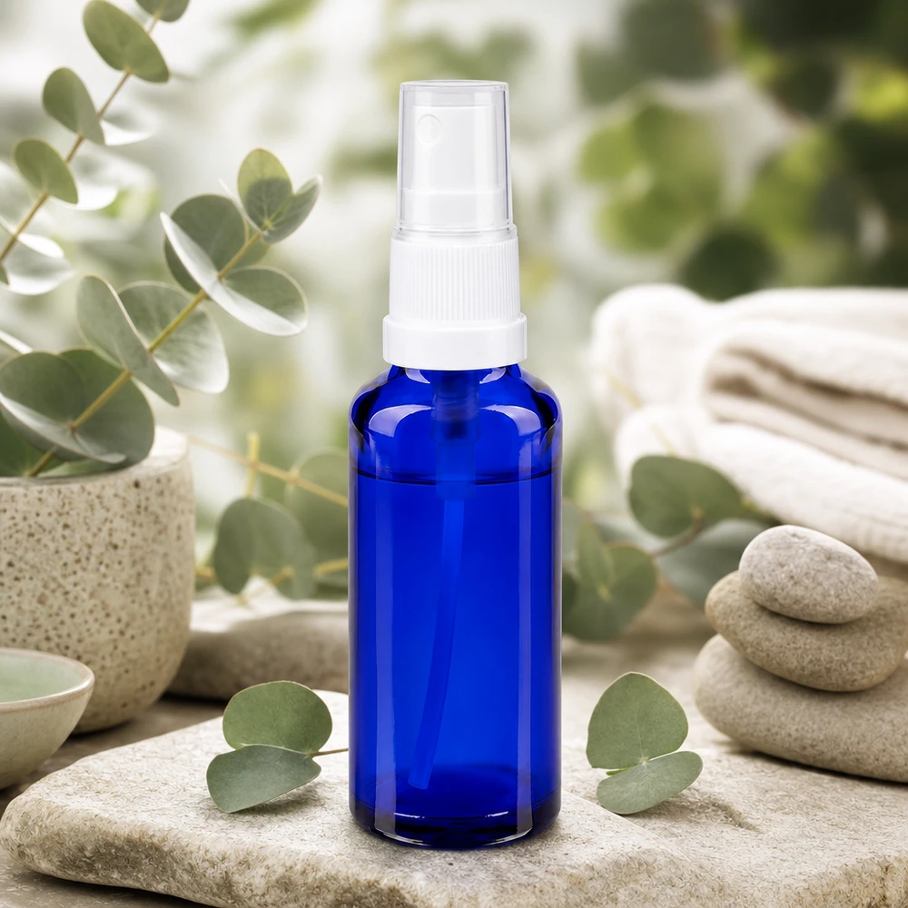 Apothekenflasche blau 30ml Sprayaufsatz weiß Kompakte 30ml Sprühflasche aus blauem Schutzglas mit transparenter Kappe in Spa Wellness Umgebung