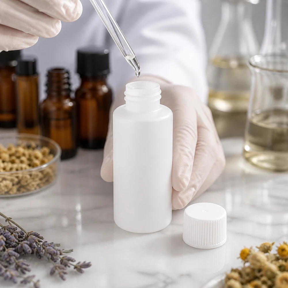 Apothekenflasche HDPE 30ml weiß, mit weißem Schraubverschluss Kompakte 30ml Dosierflasche aus weißem HDPE Kunststoff mit kindersicherem Schraubverschluss