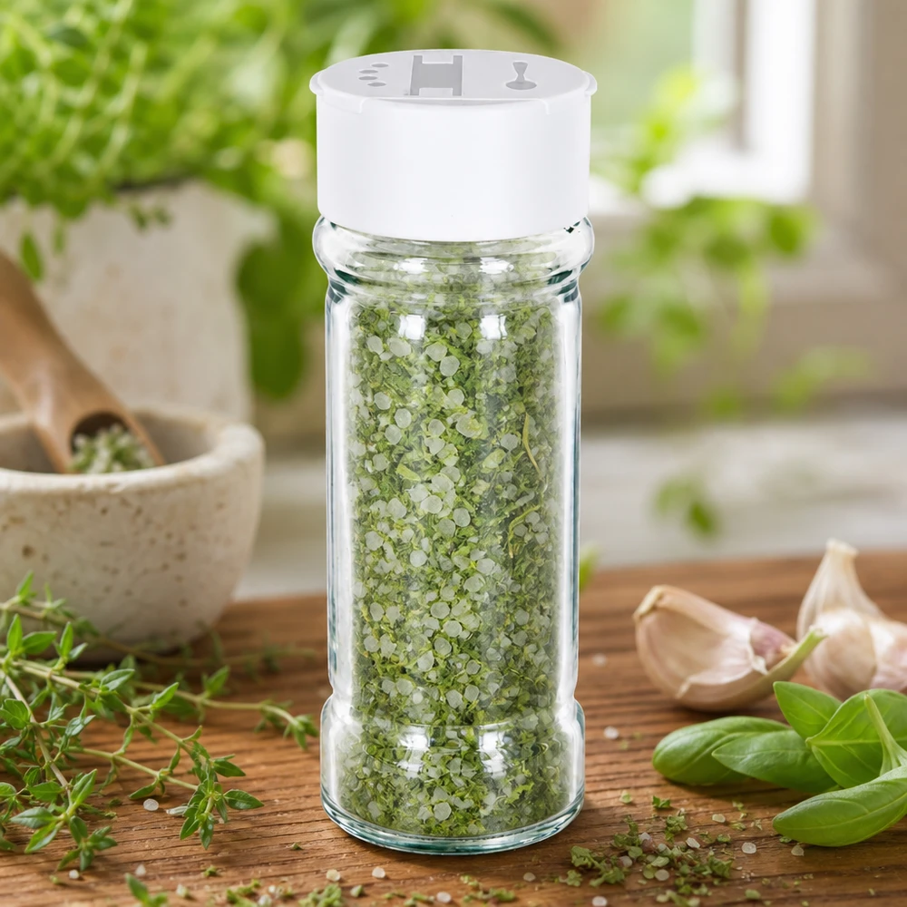Salz-/Gewürzglas 100ml mit Doppelstreuer weiss Kleines Salzglas aus klarem Glas mit weißem Streuerdeckel und grünem Kräutersalz auf Holztisch