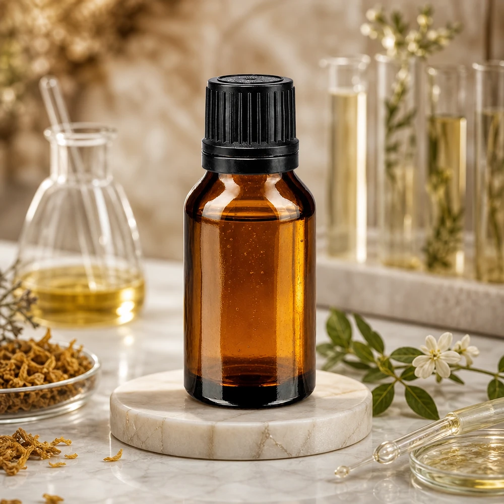 UV-Schutz Braunglasflasche 15ml mit Gießring für ätherische Öle neben Reagenzgläsern
