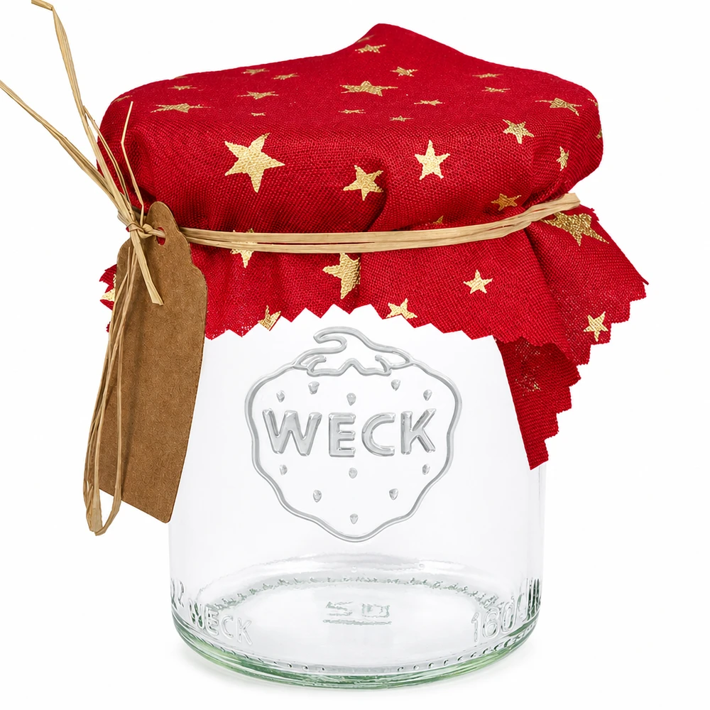 Stoff Schmuckdeckchen rot mit goldenen Sternen 12cm eckig auf WECK Einmachglas mit Schleife und Anhänger