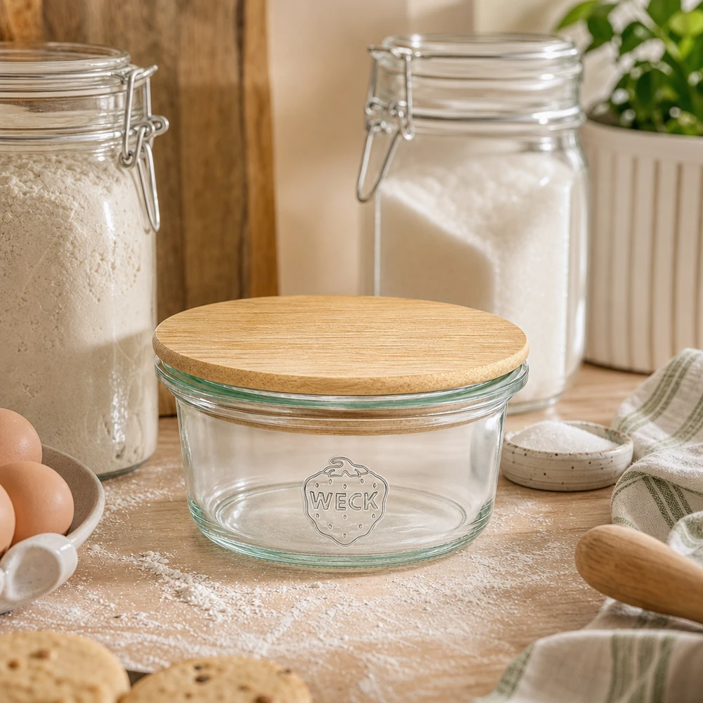 WECK Mini Sturzglas 50ml mit Bambusdeckel in natürlicher Backküche zwischen Mehl, Eiern und Backutensilien