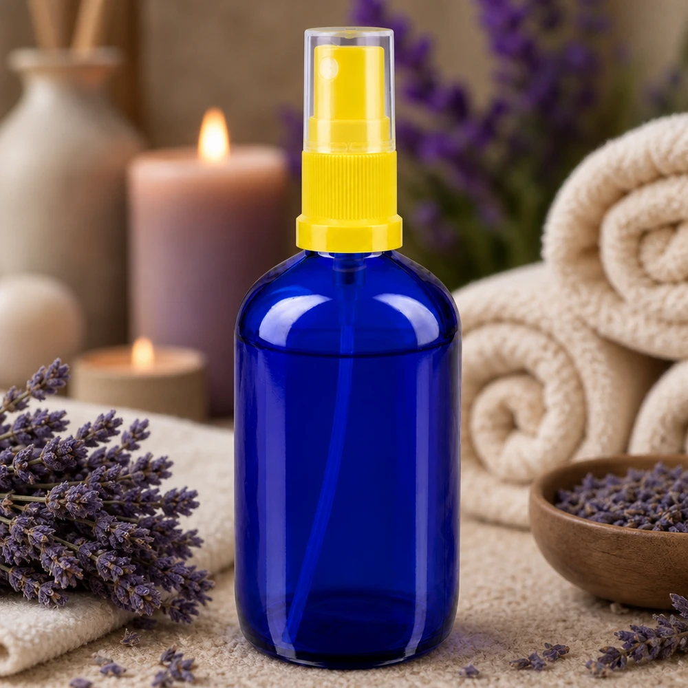Apothekenflasche blau 100ml Sprayaufsatz gelb UV-Schutz Apothekerglas 100ml Sprayflasche gelber Zerstäuber ideal für ätherische Öle
