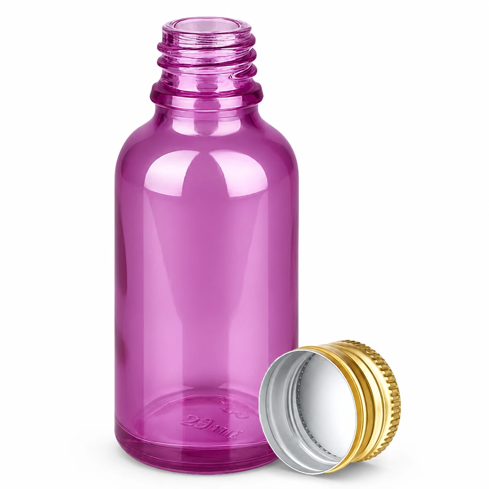30ml Flasche 11mm Schraubverschluss Alu-Gold Standard PurpleLine. UT18/30 30ml Violettglas-Flasche mit 11mm Öffnung und UV-Schutz für lichtempfindliche Substanzen