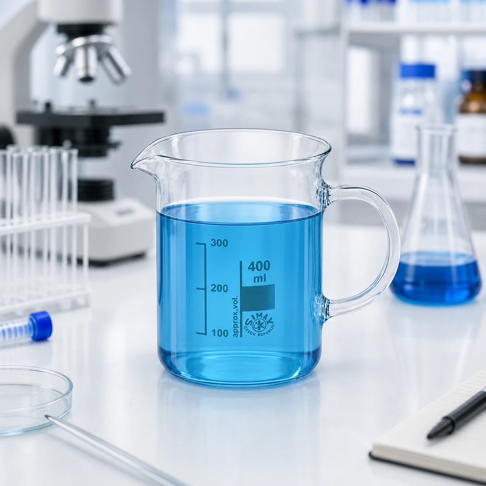 Becherglas 400ml Borosilikatglas, mit Henkel Hitzebeständiges Becherglas 400ml mit Henkel für chemische Anwendungen im Labor