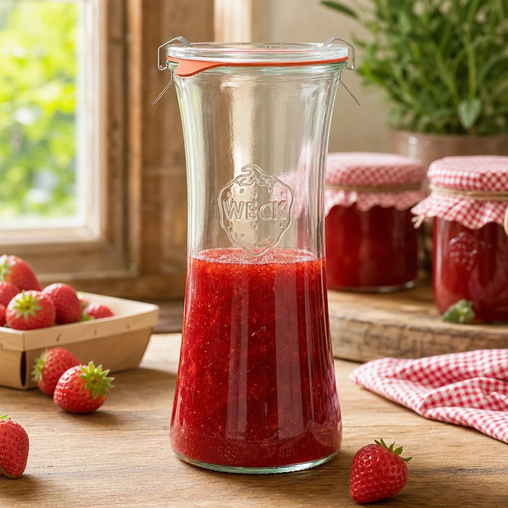 700ml Delikatessenglas komplett WECK RR80 WECK RR80 700ml Delikatessenglas gefüllt mit Erdbeermarmelade, Einmachglas mit Bügelverschluss in Küchenszene