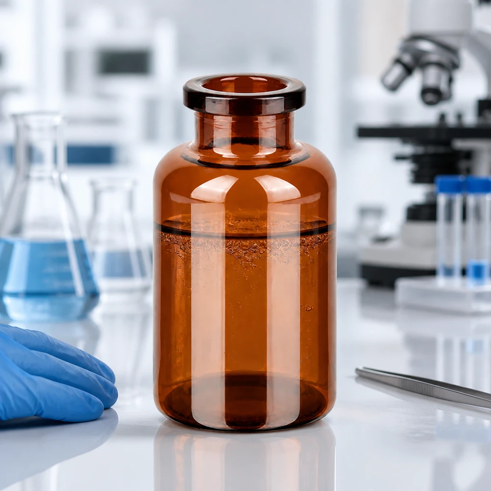 Zylindrische Pharmaflasche 20ml Braunglas mit pulverförmigem Inhalt im Laborumfeld