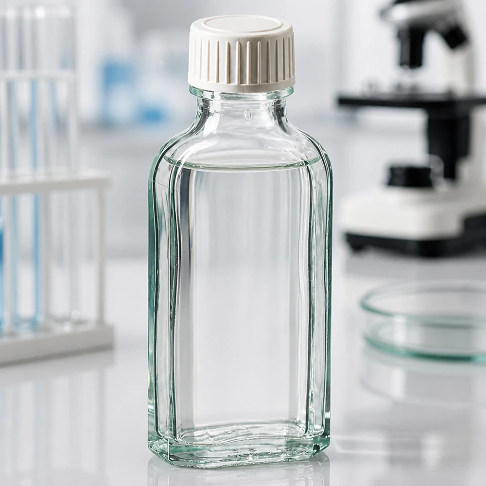 Transparente Meplat Flasche 50ml mit PE-Schaumeinlage neben Mikroskop und Petrischalen