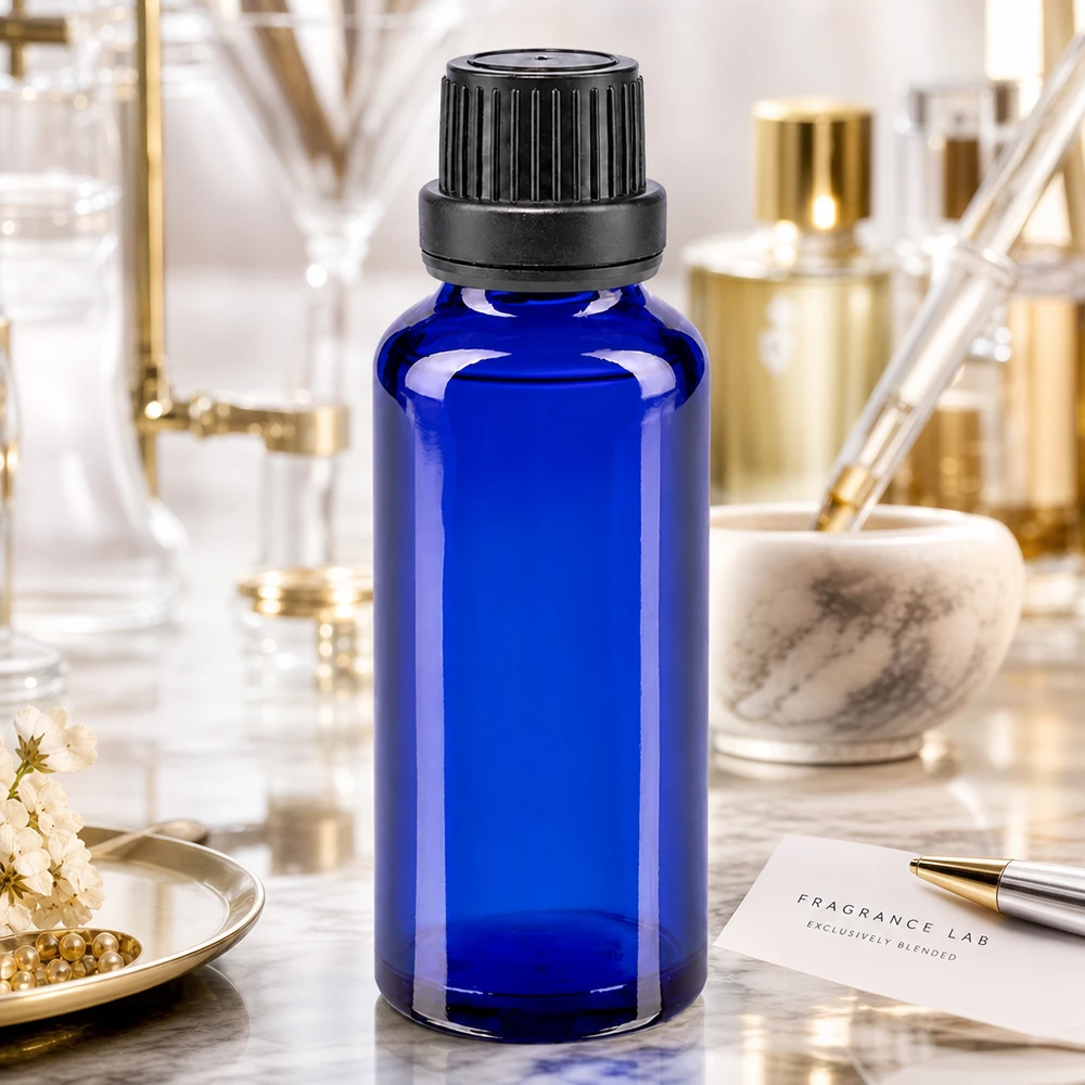 Apothekenflasche blau 30ml Schraubverschluss schwarz Dichteinlage Originalitätsverschluss Schlanke kobaltblaue 30ml Glasflasche mit schwarzem Sicherheitsverschluss für Duftöle