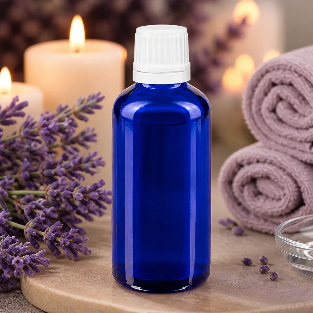 Apothekerflasche 50ml in Kobaltblau mit kindersicherem Originalitätsverschluss in Weiß