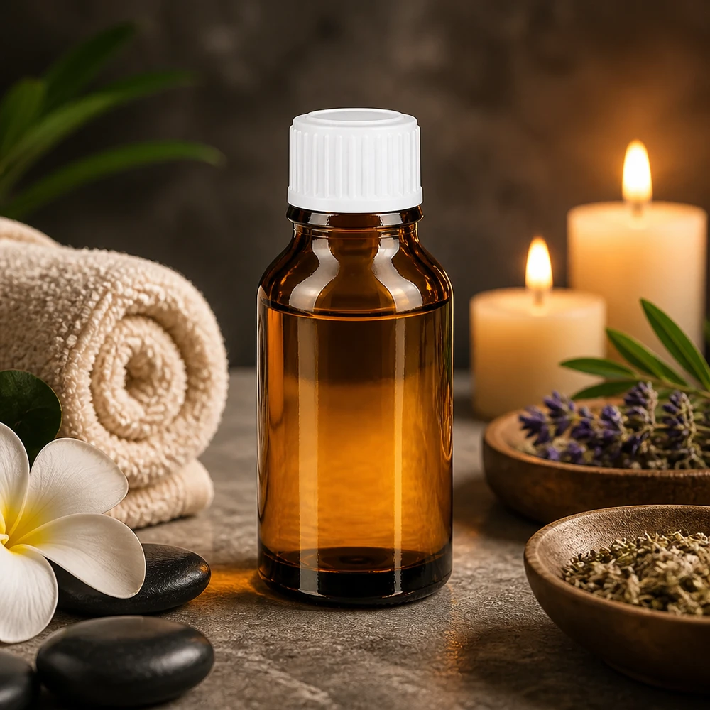 Apothekenflasche braun 15ml Tropfverschluss weiß 0.8mm Standard Tropfflasche Braunglas 15ml weißer Verschluss 0.8mm neben Handtuch und Plumeria Blüte