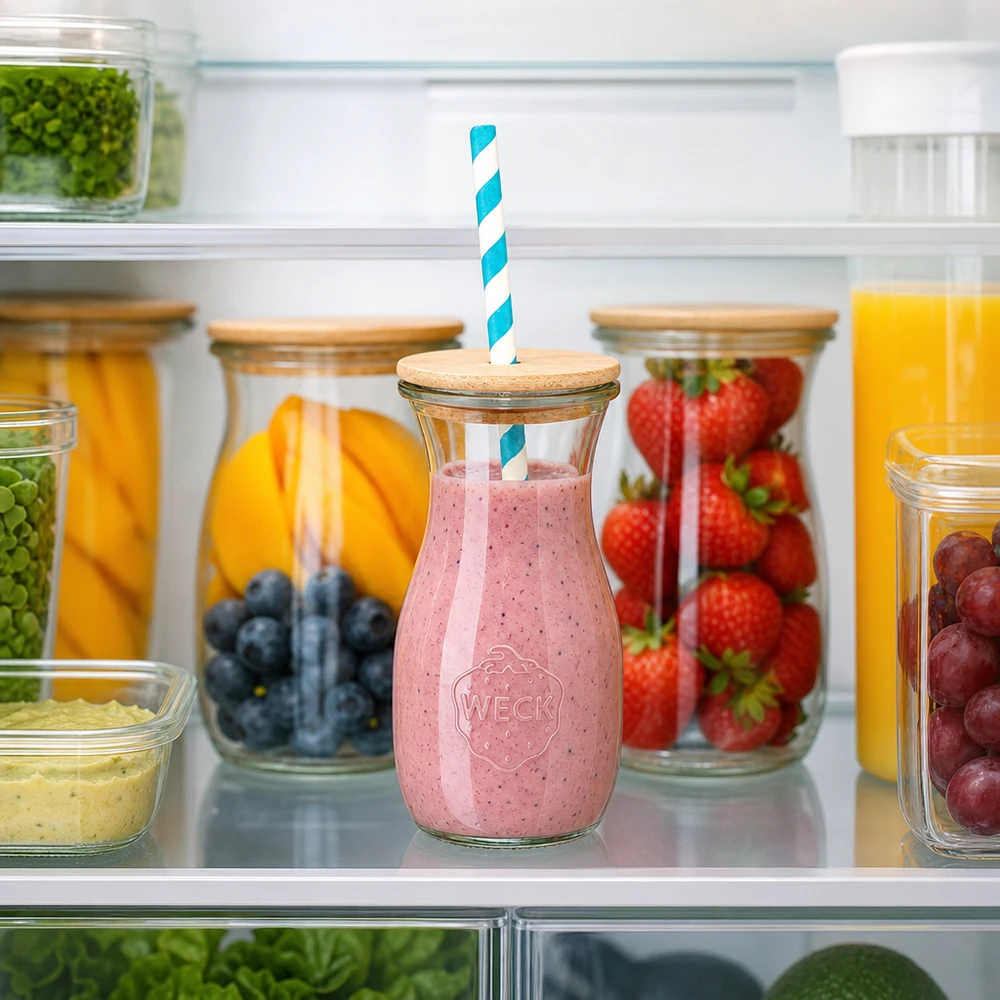 6 x WECK 290ml Saftflasche RR60 mit Holzdeckel und 100 Öko S WECK Saftflasche 290ml mit Erdbeer-Smoothie im Kühlschrank zwischen frischen Früchten Holzdeckel Papierstrohhalm