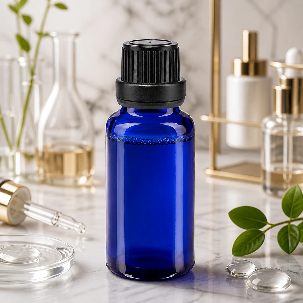 Kobaltblaues Apothekerglas 20ml Schraubverschluss schwarz UV-Schutz Glas Kosmetik