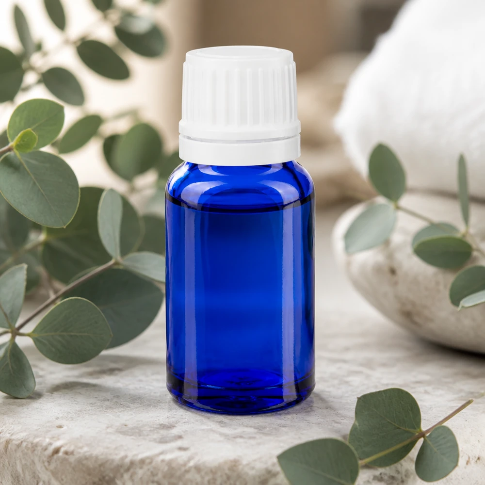 Kobaltblaue Glasflasche 10ml mit Originalitätsverschluss und Eukalyptus für ätherische Öle