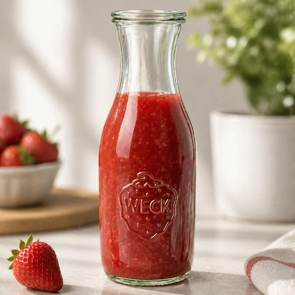 1062ml Saftflasche mit Glasdeckel WECK RR60 WECK Saftflasche 1062ml gefüllt mit frischem Erdbeersaft auf Küchentheke neben einzelner Erdbeere und Pflanze