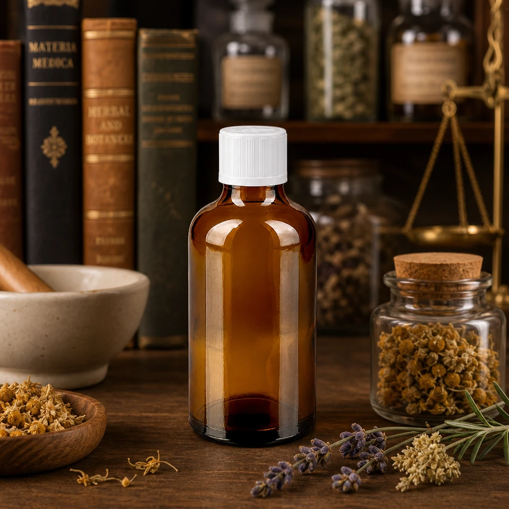 Apothekenflasche braun 50ml Schraubverschluss weiß Kindersicherung Standard Kleine braune Apothekerflasche 50ml mit weißem Schraubverschluss in historischer Apotheken-Atmosphäre