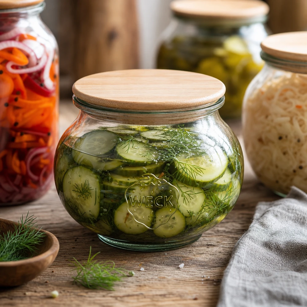 WECK Schmuckglas 560ml RR80 mit Holzdeckel gefüllt mit eingelegten Gurken und Dill in rustikaler Fermentier-Küche