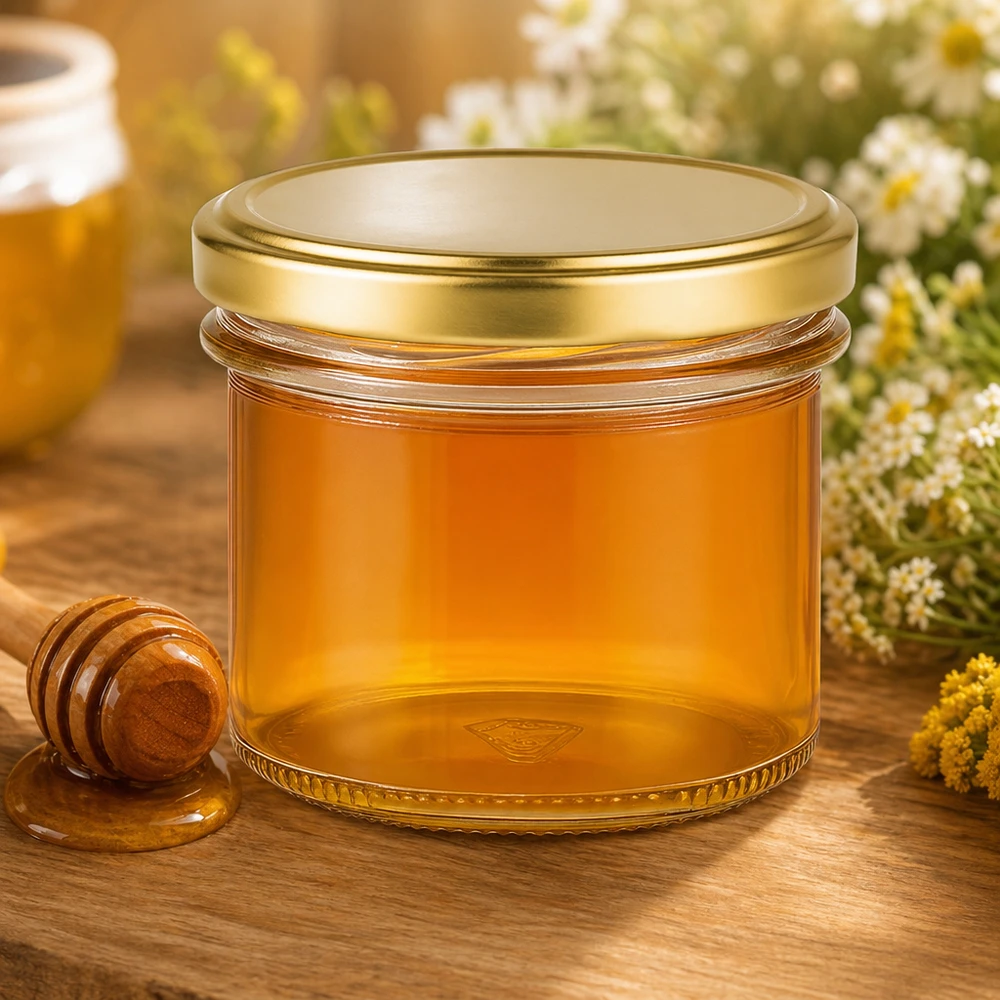 125ml Sturzglas mit BasicSeal Deckel gold UNiTWIST 125ml Sturzglas mit goldenem BasicSeal Deckel gefüllt mit Honig neben Honiglöffel und Wildblumen