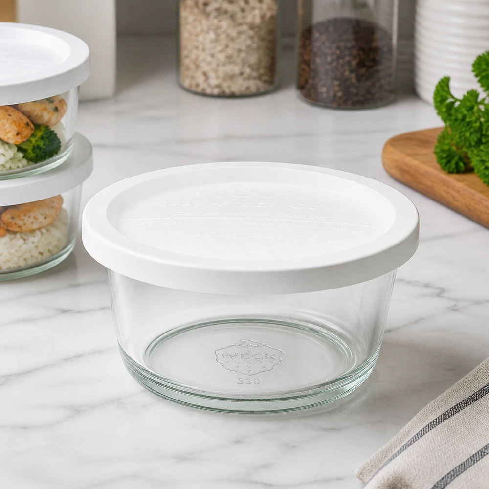 WECK Gourmetglas 450ml RR120 leer mit weißem Deckel auf Marmor-Arbeitsplatte in moderner Küche mit Vorratsgläsern