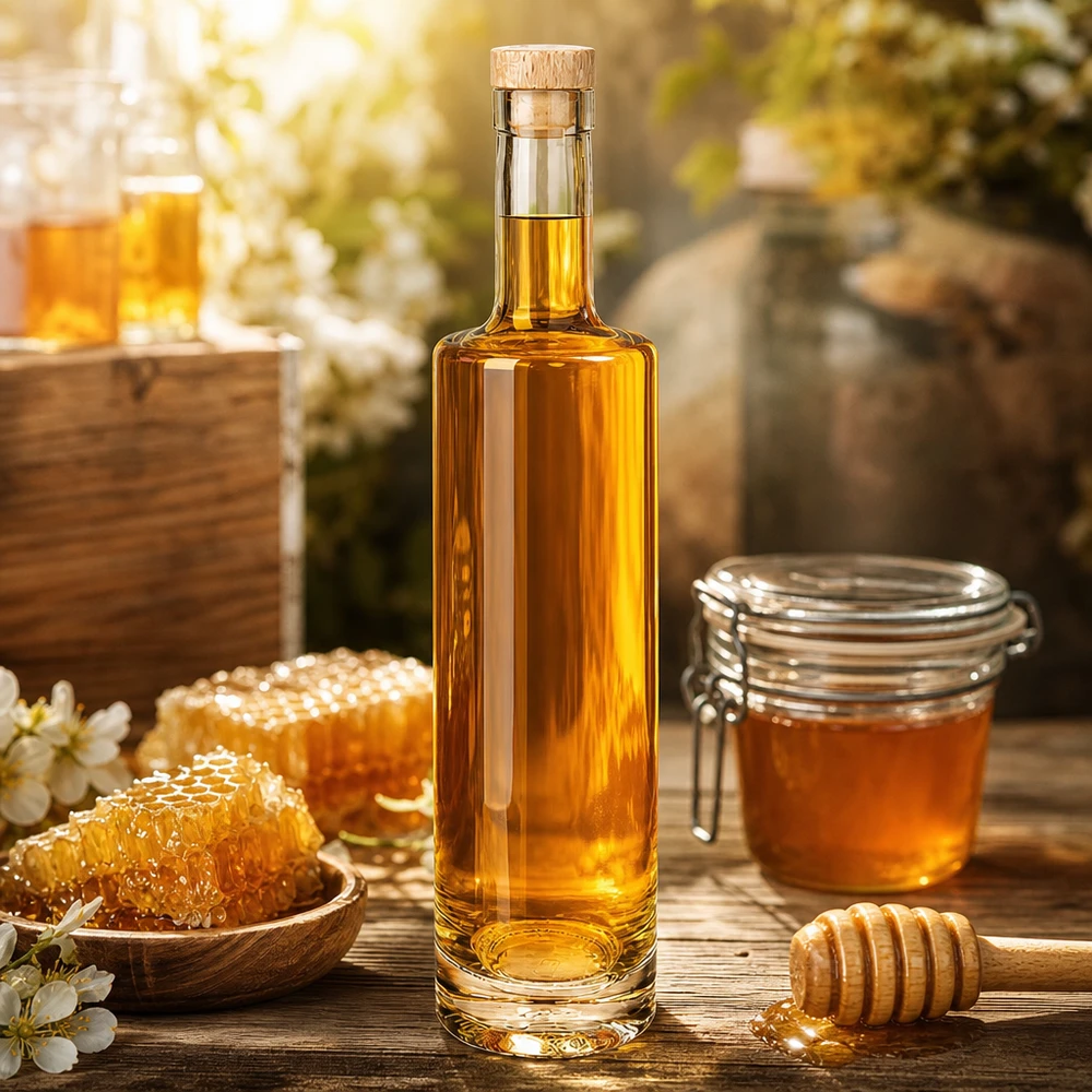 500ml Glasflasche "Lina" mit Holzgriff-Korken UNiTWIST Glasflasche Lina 500ml mit Honig befüllt neben Waben und Honigglas rustikale Küchendeko mit Holzkorken Verschluss