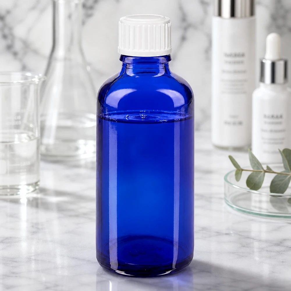 Apothekenflasche blau 50ml Tropfverschluss weiß 0.8mm Standard Kobaltblaue Glasflasche 50ml mit 0.9mm Tropfeinsatz auf Marmoroberfläche im Labor-Setting