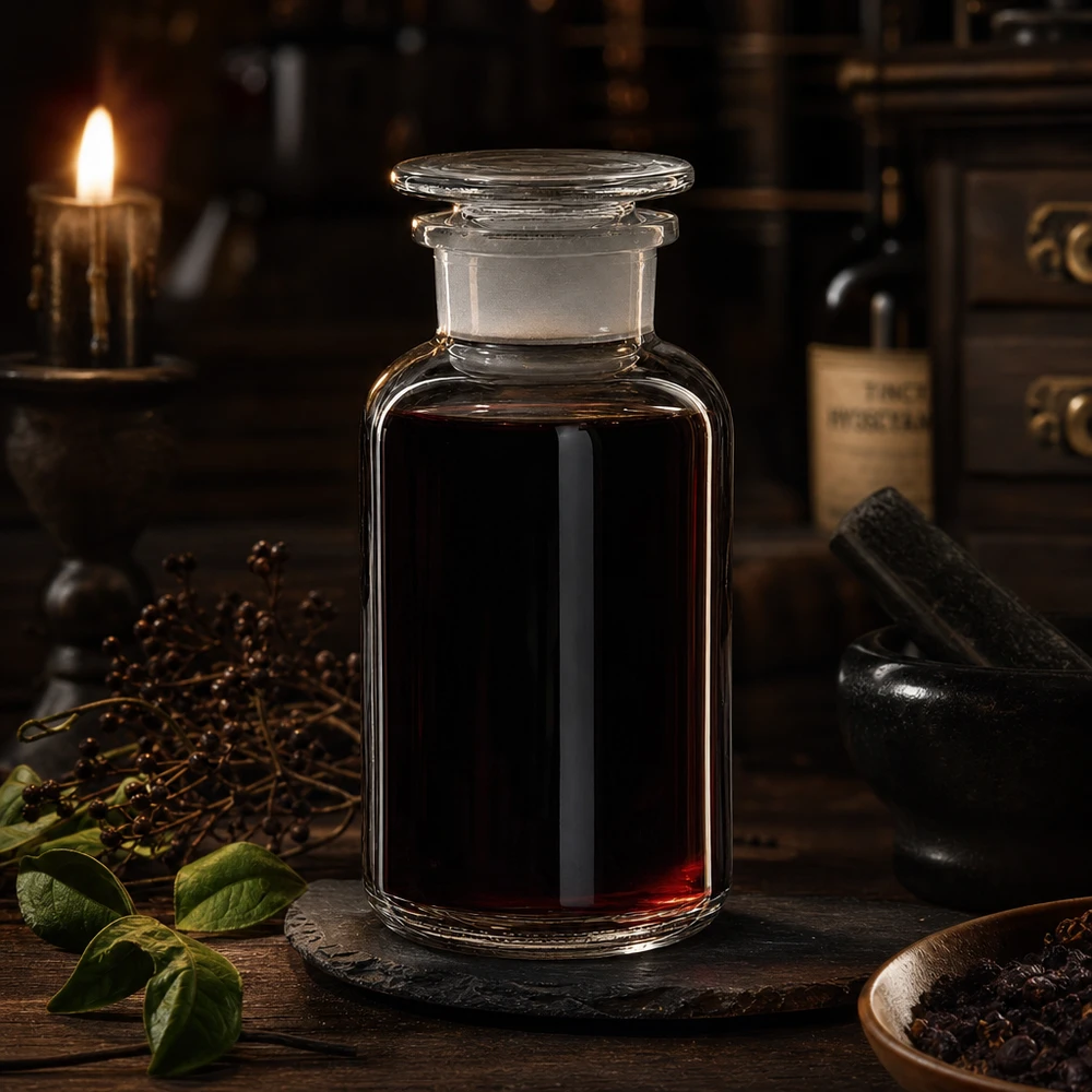 Historische Apothekenflasche 500ml Rundschulter klar mit Glasstopfen bei Kerzenlicht