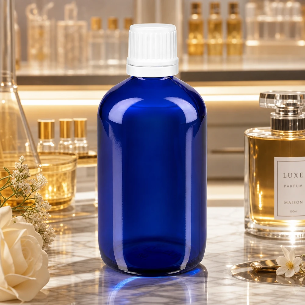 Kobaltblaue Apothekerflasche 100ml UV-Schutzglas mit weißem Schraubdeckel in elegantem Parfumlabor