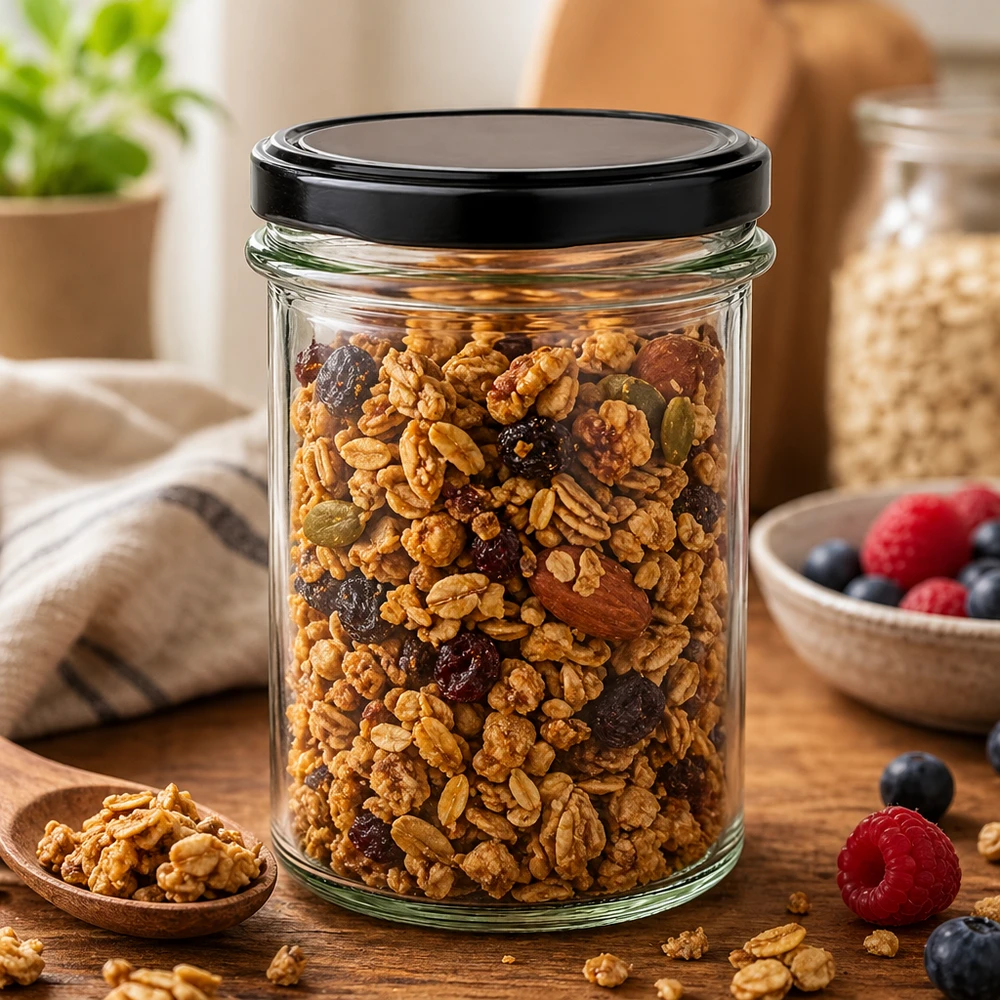 230ml Sturzglas BasicSeal schwarz gefüllt mit Nuss-Mix Müsli zeigt vielseitige Aufbewahrung für Trockenfrüchte Snacks