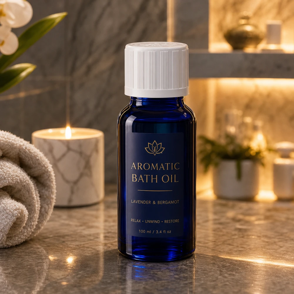 Zylindrische 10ml Glasflasche in Blau mit weißem KiSi-Deckel im Spa-Ambiente
