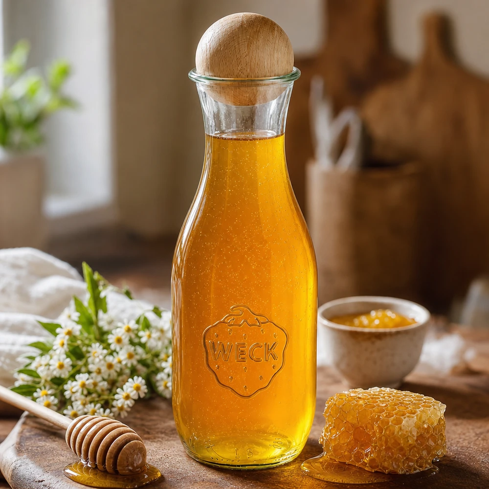 WECK Saftflasche 1062ml mit Honig gefüllt neben Bienenwabe Holzhoniglöffel und Kamillenblüten auf Holztisch