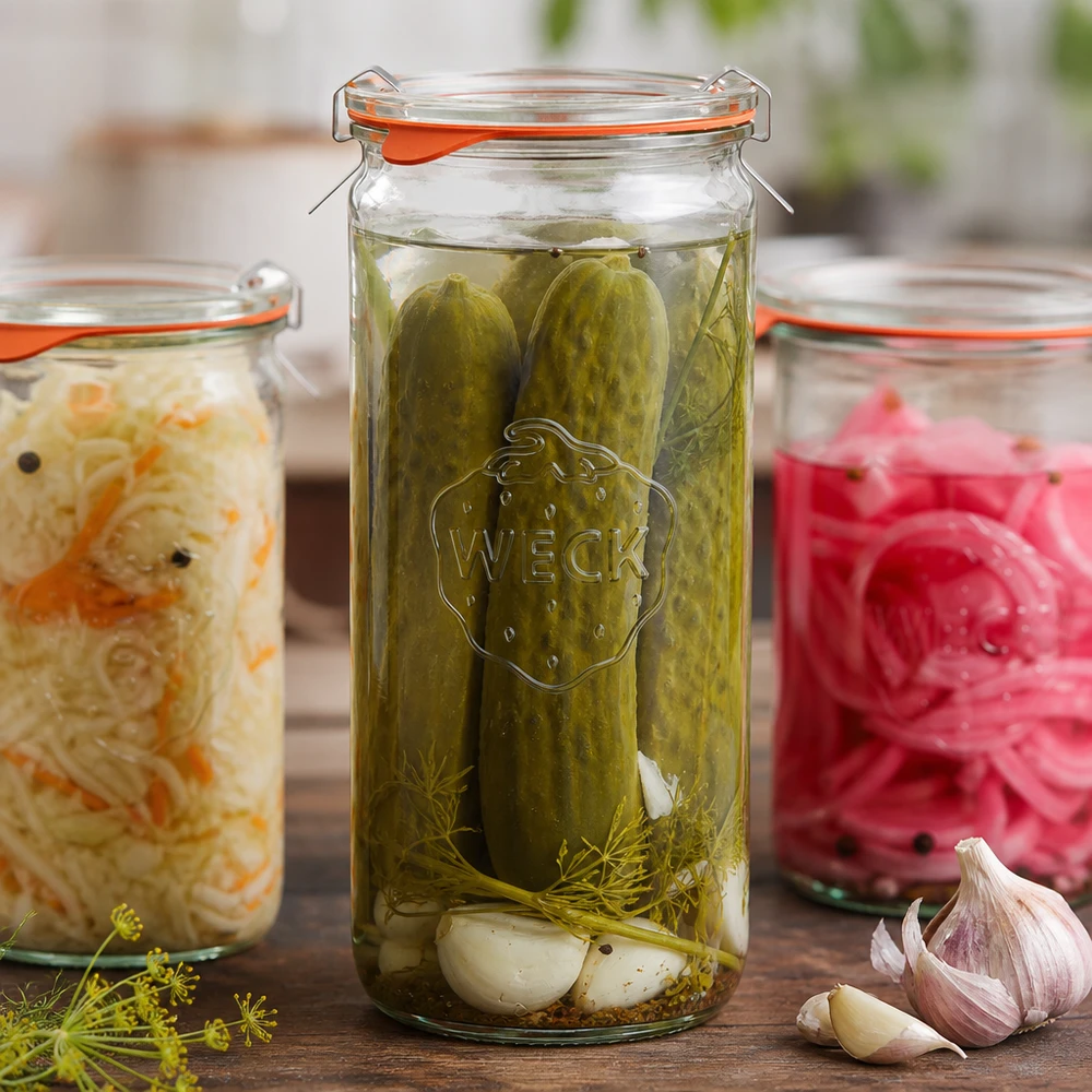 WECK 1040ml Zylinderglas RR80 mit eingelegten Gewürzgurken Sauerkraut und Radieschen zum Fermentieren und Einmachen