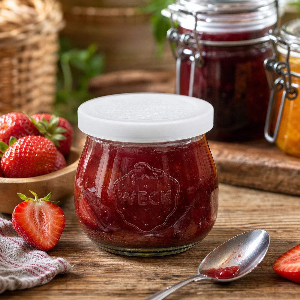 WECK 75ml Tulpenglas mit Erdbeermarmelade gefüllt neben frischen Erdbeeren auf Holztisch RR40 Einmachglas