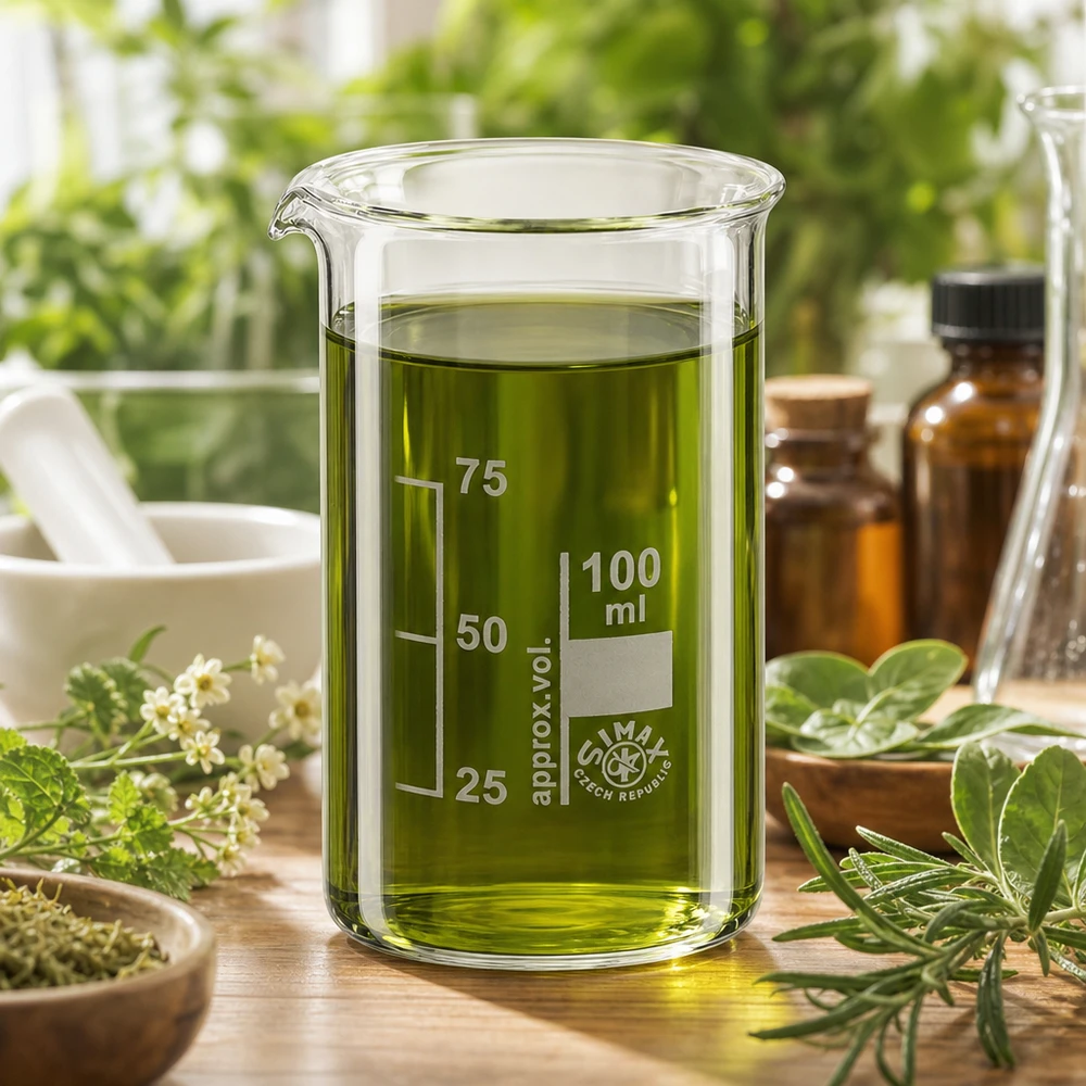 Becherglas 100ml Borosilikatglas, hohe Form Becherglas hohe Form 100ml mit grünem Extrakt neben Mörser Braunglasflasche und Kräutern