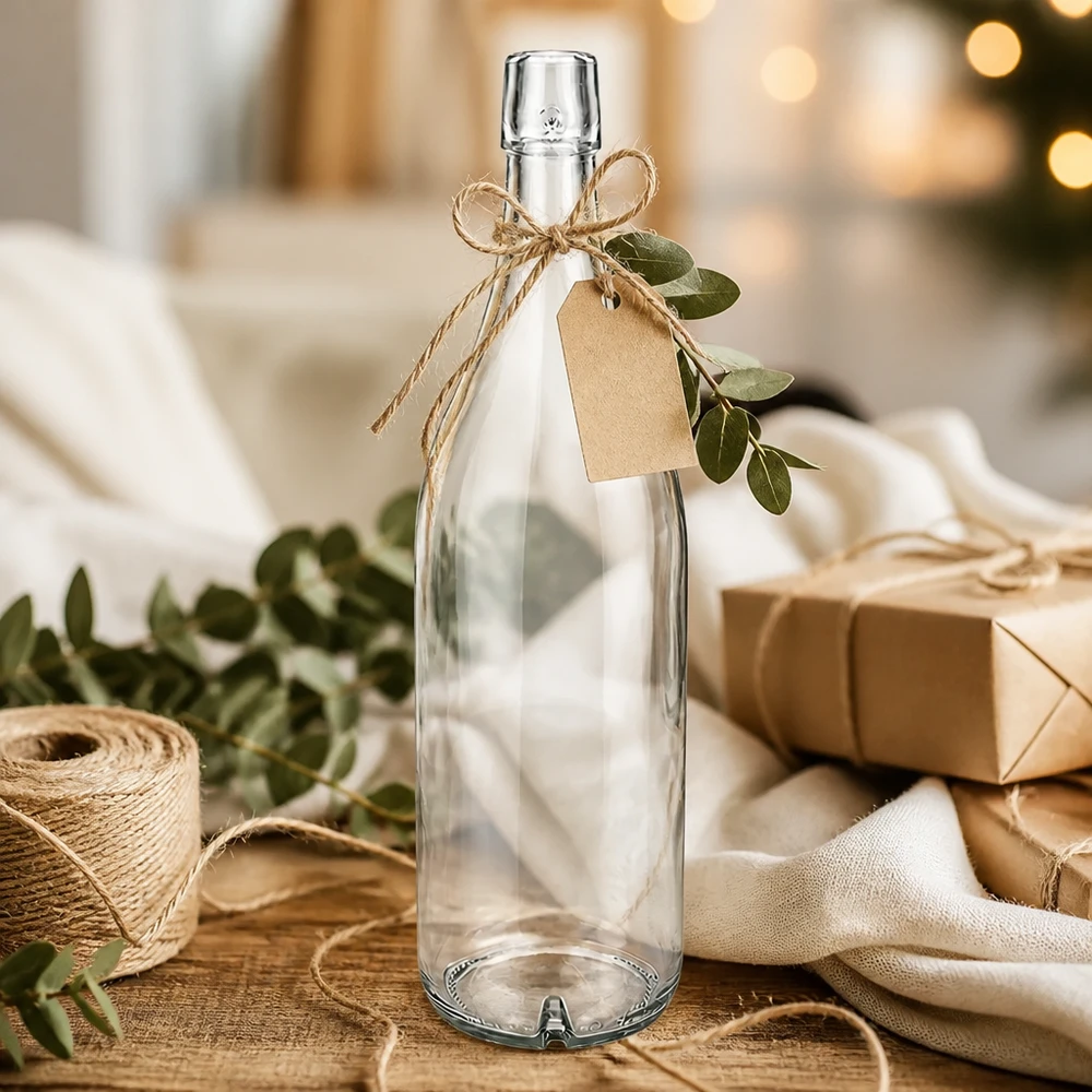 1000ml Glasflasche ohne Bügelverschluss UNiTWIST® 1000ml Glasflasche UNiTWIST leer dekoriert mit Juteschnur und Geschenkanhänger als Geschenkidee auf Holzuntergrund