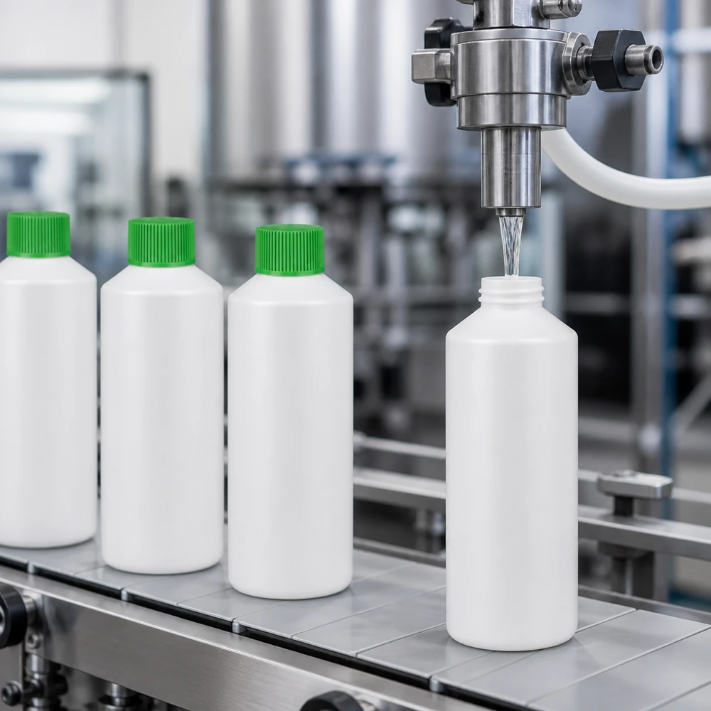 Hochdichtes Polyethylen Flasche 100ml weiß mit grünem SV in pharmazeutischer Abfüllmaschine