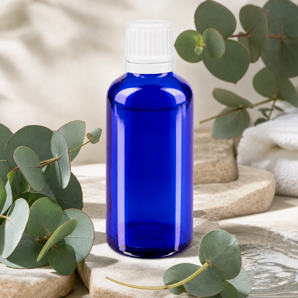 50ml Apothekerglas blau runde Tropfflasche mit weißer Verschlusskappe und Originalitätsverschluss