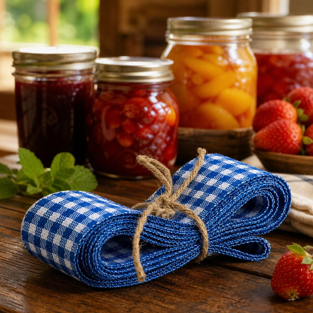 Dekoratives Stoffband blau-weiß kariert in gemütlicher Küche mit Marmeladengläsern und Erdbeeren arrangiert