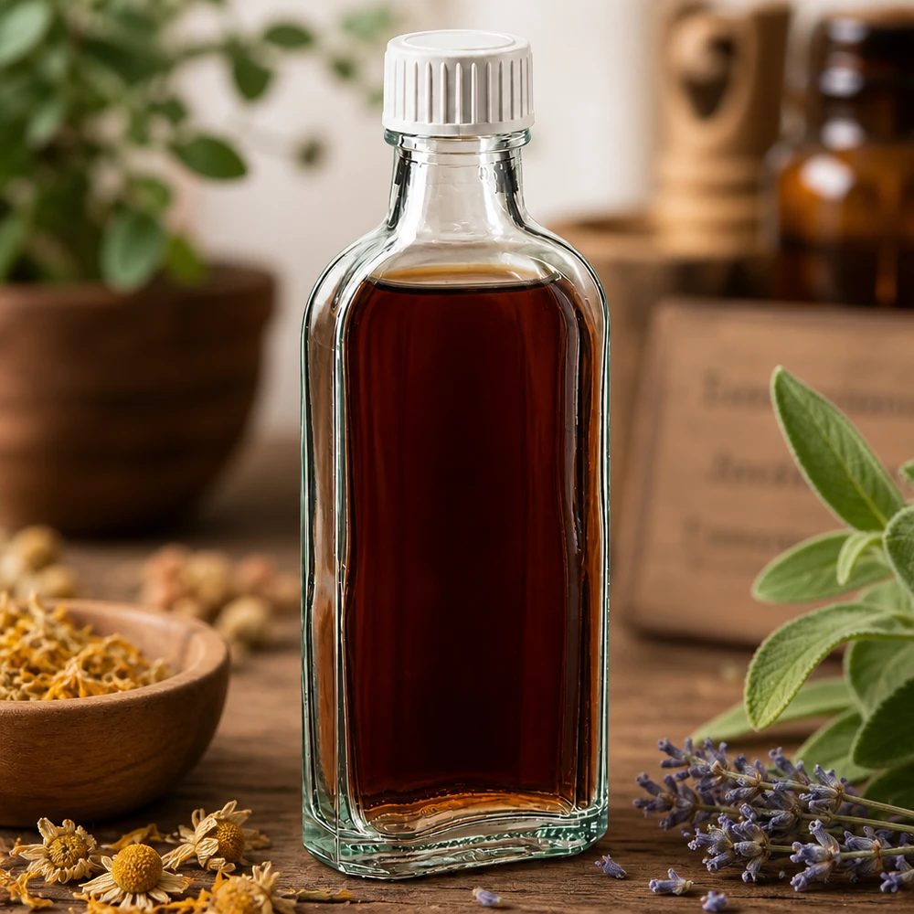 100 ml Meplat klar Schraubverschluss mit PE-Schaumeinlage 100ml Apothekerflasche aus Klarglas mit PE-Schaumeinlage neben Lavendel und Kamillenblüten
