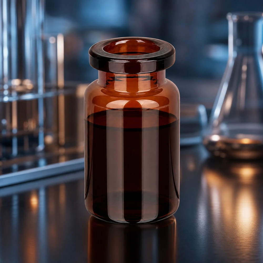 Braune Glasflasche 5ml mit breitem Mündungsrand für aseptische Abfüllung im Pharmabetrieb