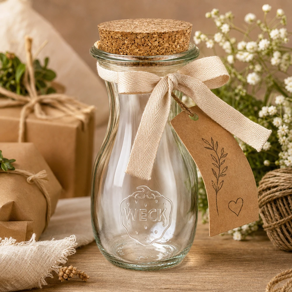 290ml Saftflasche WECK RR60 mit Korken natur WECK Saftflasche 290ml dekorativ mit Schleife und Geschenkanhänger als Geschenkidee in natürlicher Deko Umgebung