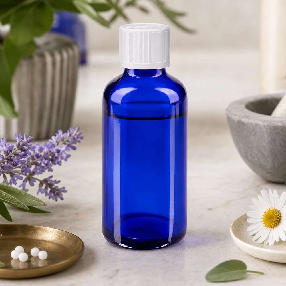 Apothekenflasche blau 50ml Schraubverschluss weiß Kindersicherung Standard Zylindrische Glasflasche 50ml blau mit weißem Kindersicherheitsverschluss in Naturkräuter-Umgebung