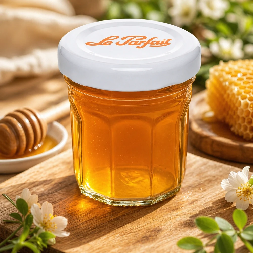 Le Parfait Mini-Sturzglas 44ml mit Honig gefüllt neben Waben und Honiglöffel auf Holztisch mit Blütendeko